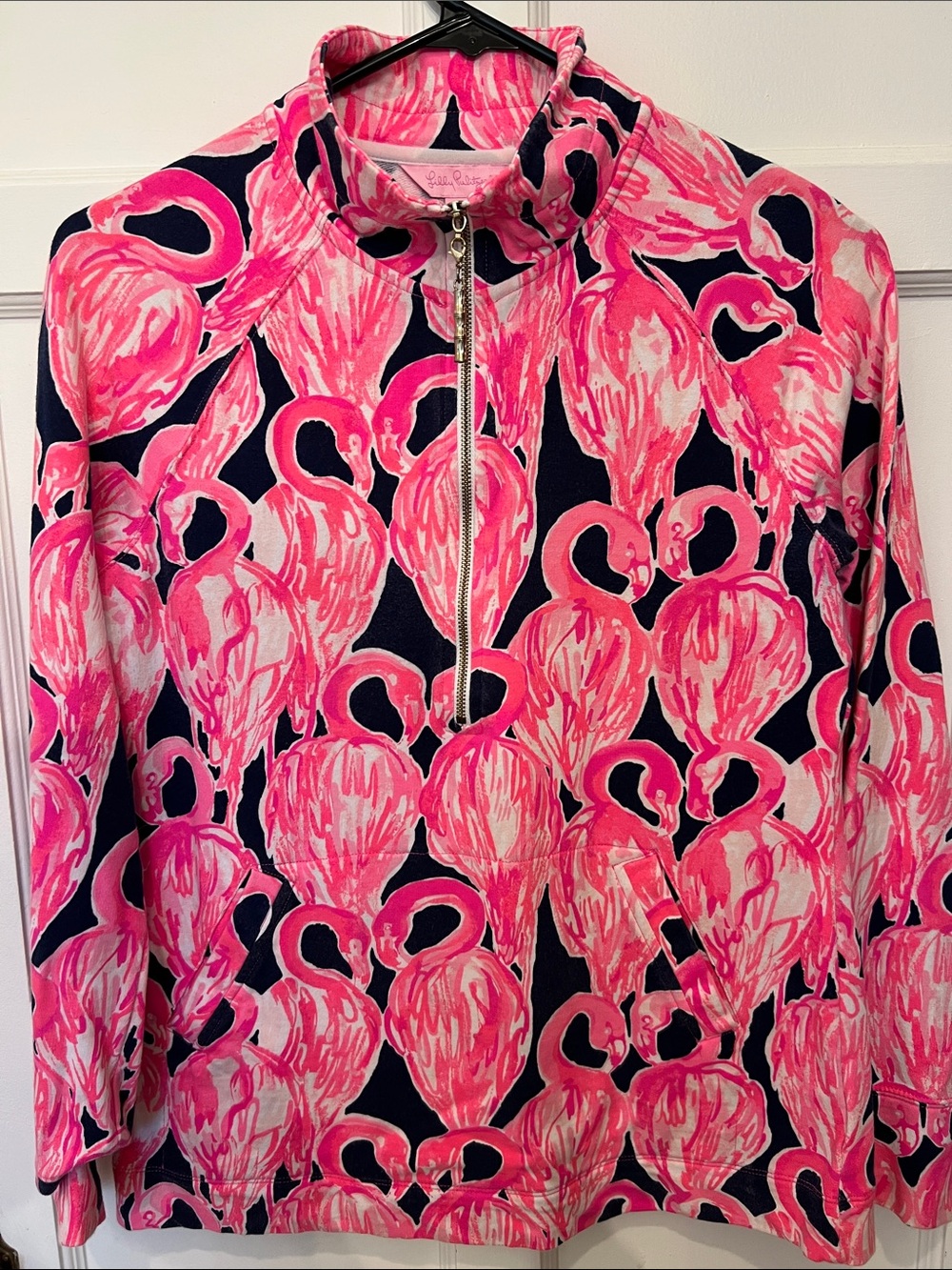 Lilly Pulitzer Pink and Navy Flamingo Zip Pullover